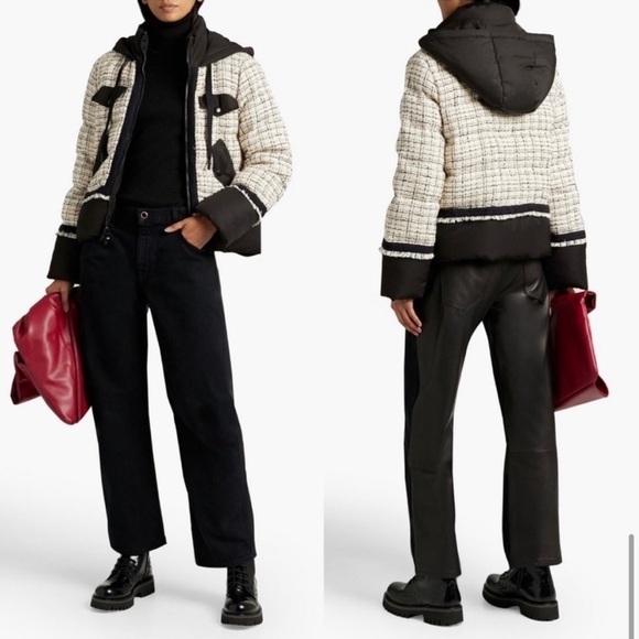 Veronica Beard Camrose Puffer Quilted Hooded Tweed Jacket Cream Black Large Warm